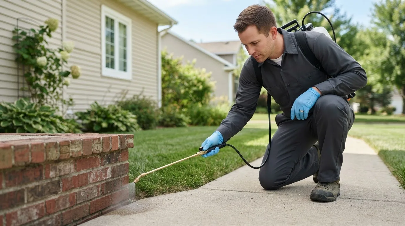 Pest control technician treating a home near Enon, OH