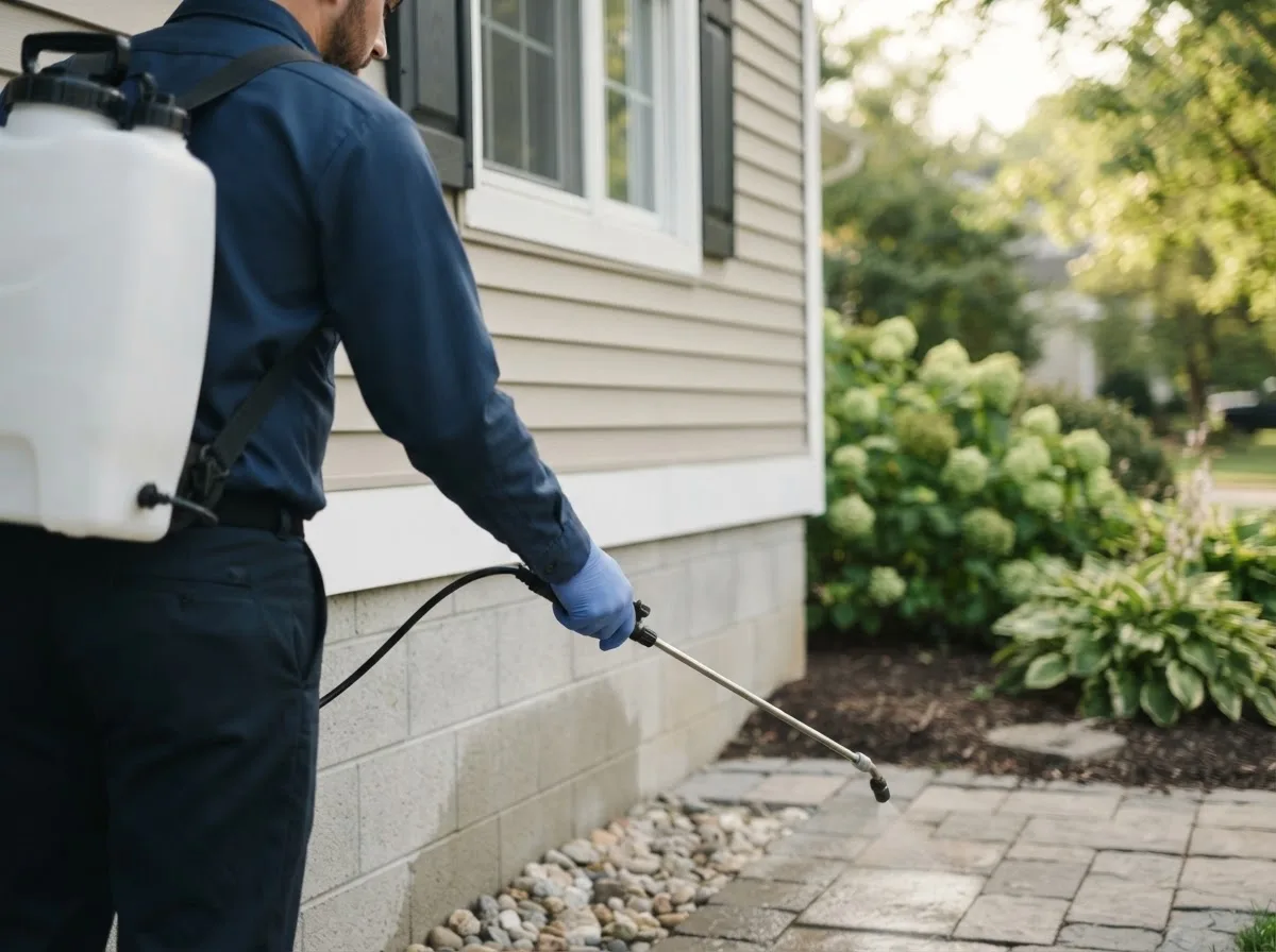 Pest control technician inspecting a home in Enon, OH